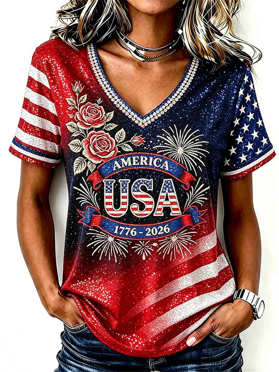 Women's USA 1776-2026 Classy Roses American Flag Gradient Print short-sleeved T-shirt