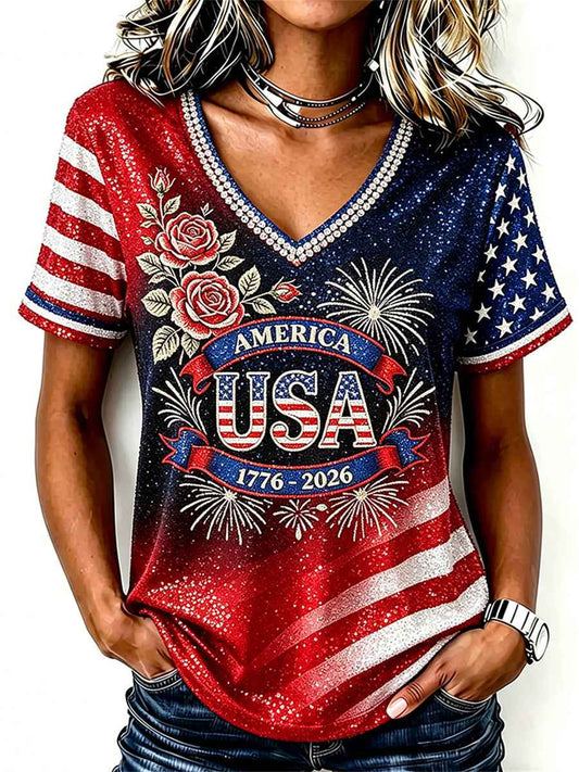 Women's USA 1776-2026 Classy Roses American Flag Gradient Print short-sleeved T-shirt