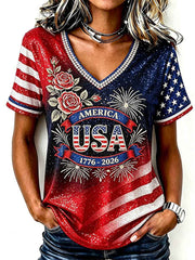Women's USA 1776-2026 Classy Roses American Flag Gradient Print short-sleeved T-shirt