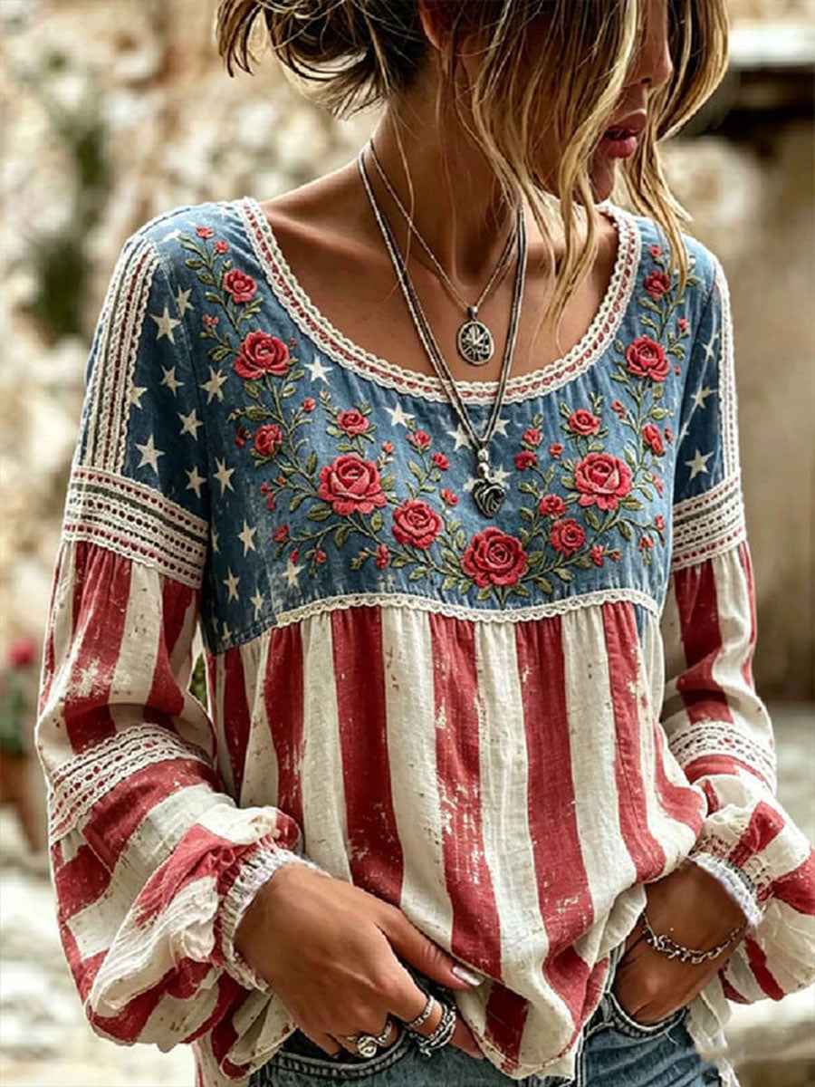 Women's American Flag Flowers Cotton-Linen Shirt