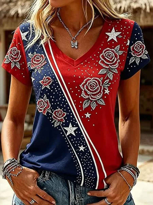 Women's America Floral Printed V-neck T-shirt