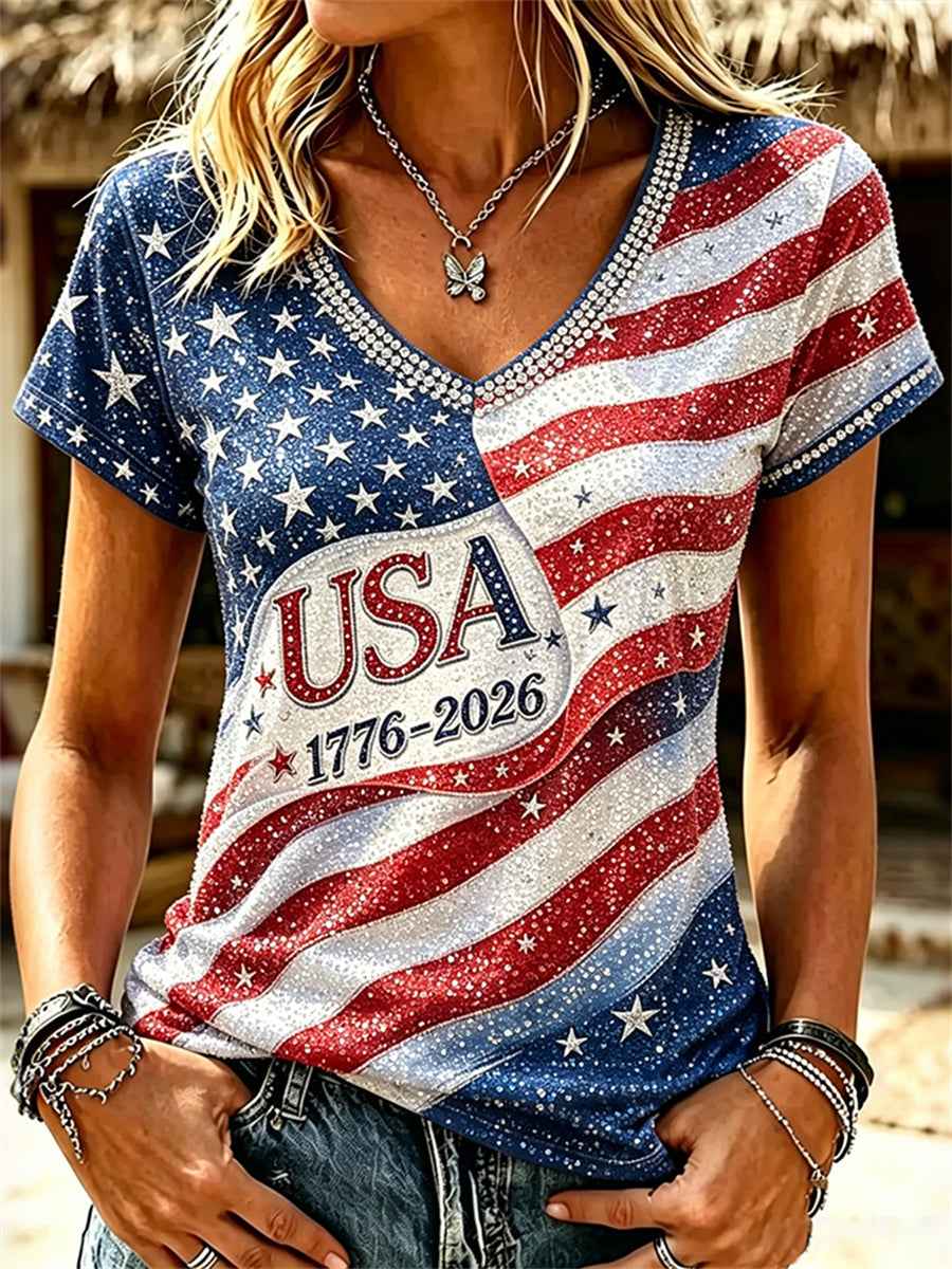 Women's USA 1776-2026 American Flag Glitter Print short-sleeved T-shirt