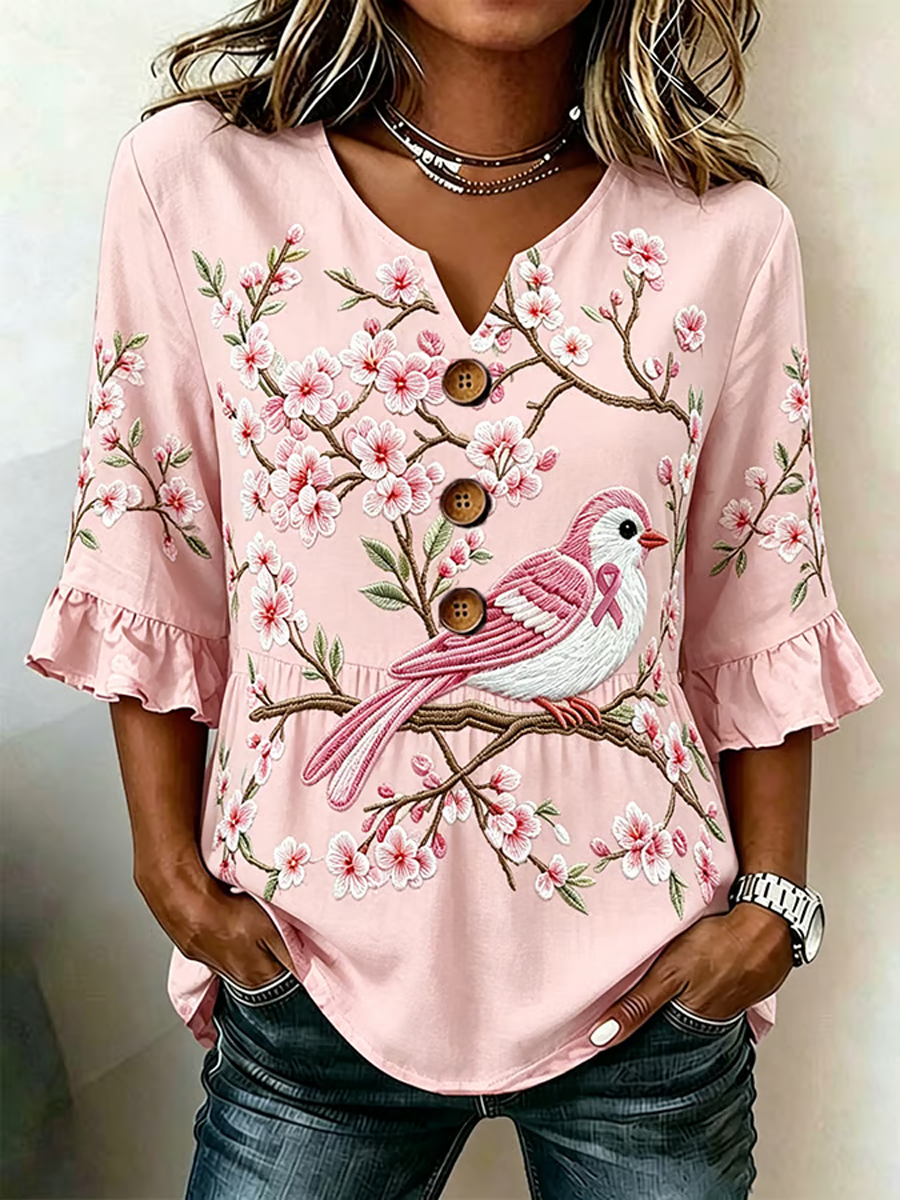 Women's floral print linen short-sleeved T-shirt gracestitchs