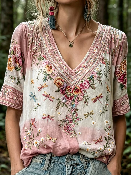 Women's floral print Mid-length Sleeves V-Neck T-Shirt gracestitchs