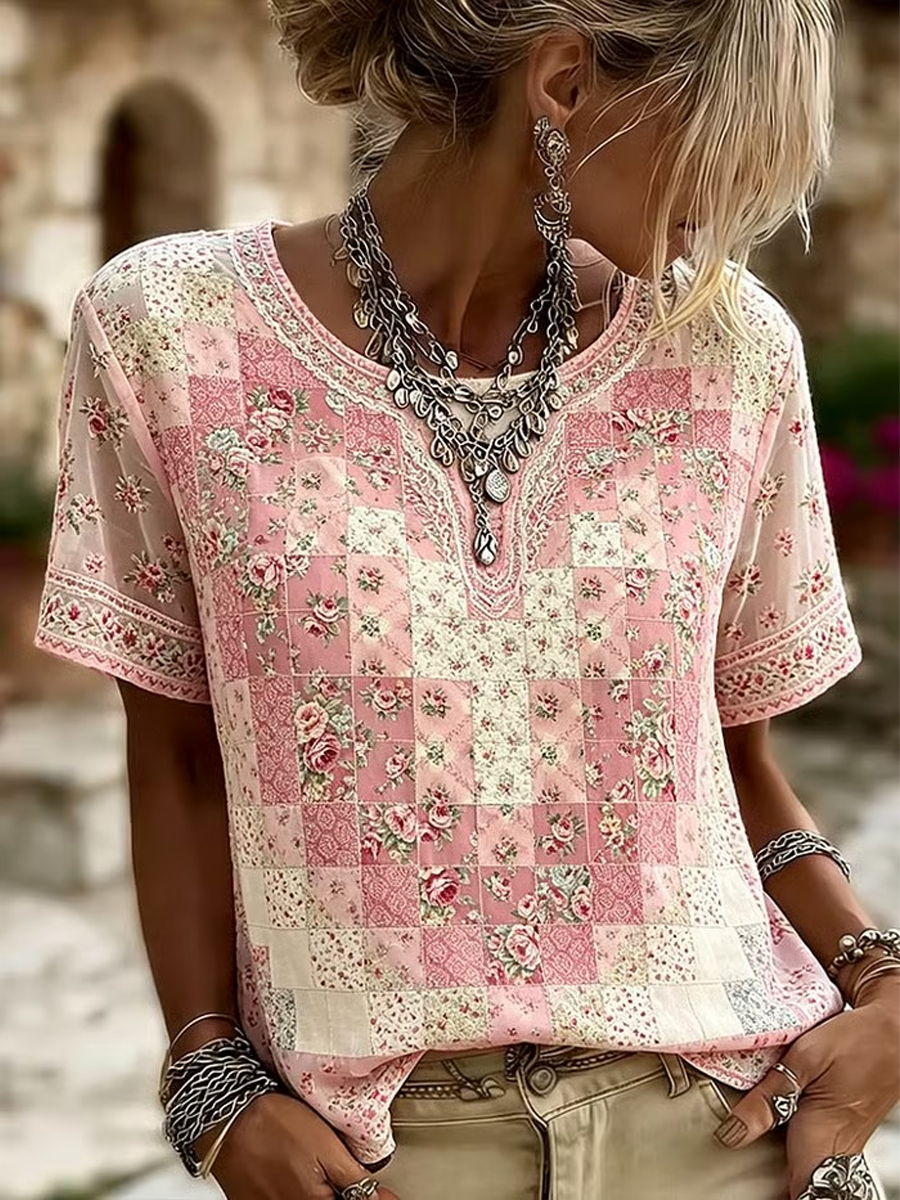 Women's floral print linen short-sleeved T-shirt gracestitchs