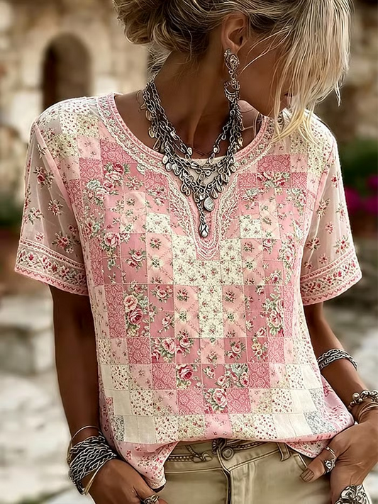 Women's floral print linen short-sleeved T-shirt gracestitchs
