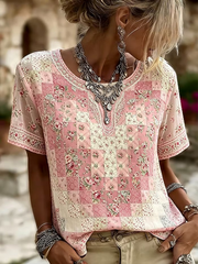 Women's floral print linen short-sleeved T-shirt gracestitchs