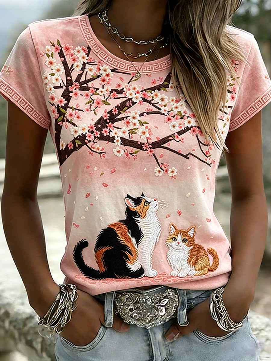Women's Vintage Cherry Blossom & Cat Art Print Short-sleeved T-shirt