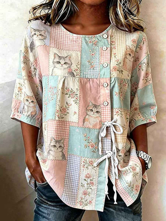 Women's Cat Art Print Casual T-Shirt