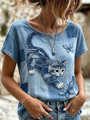 Women's  Cute Cat Pattern Printed Leisure linen short-sleeved T-shirt