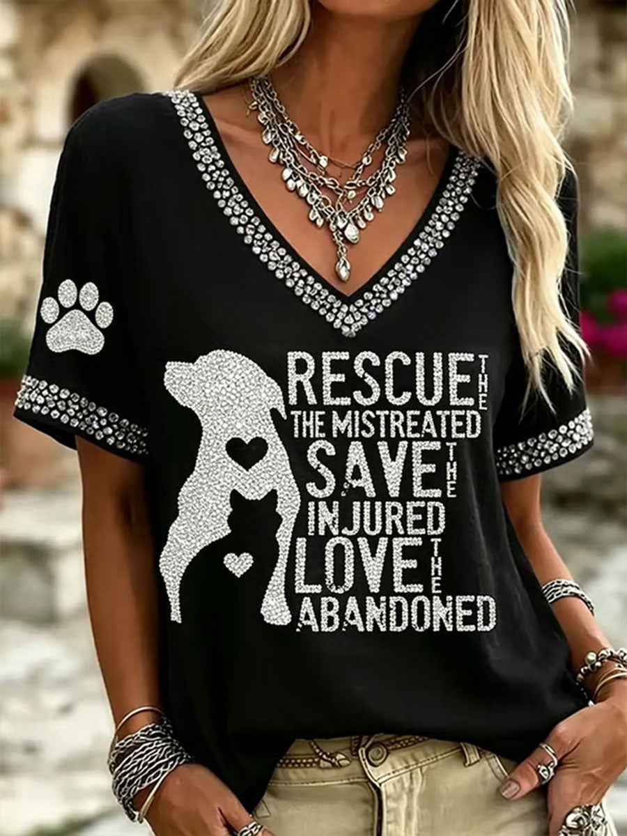 Women's Rhinestone Dog Casual T-Shirt