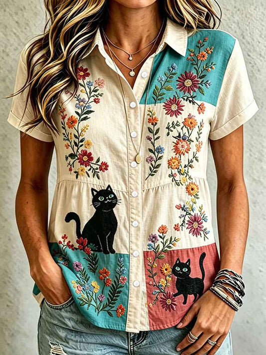 Women's Cat Art Print Casual Shirt