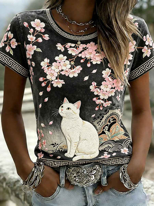 Women's Cute Cherry Blossom & Cat Art Print Short-sleeved T-shirt