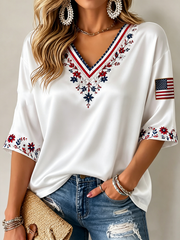 Women's floral print Mid-length Sleeves V-Neck T-Shirt