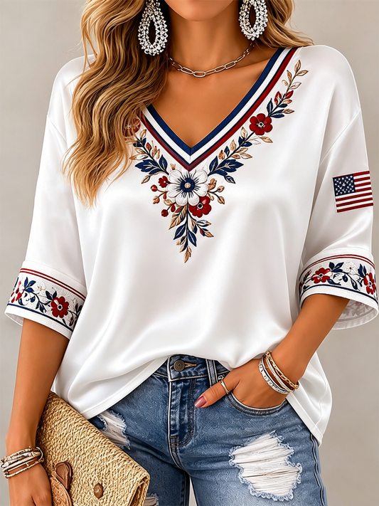 Women's floral print Mid-length Sleeves V-Neck T-Shirt gracestitchs