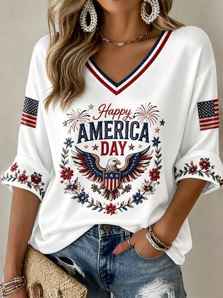 Women's Independence Day Printed Mid-length Sleeves V-Neck T-Shirt gracestitchs