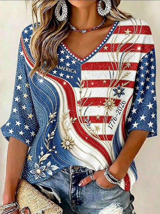 Women's Independence Day Flag With Florals Linen Short-sleeved Top