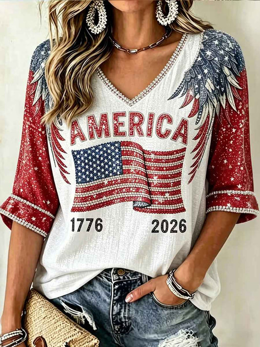 Women's Independence Day Flag With Angle Wings Linen Short-sleeved Top