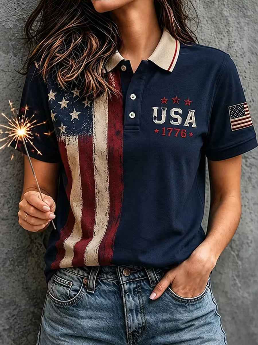 Women's Vintage Independence Day Flag Art Short Sleeve Top
