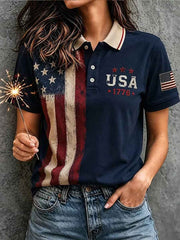 Women's Vintage Independence Day Flag Art Short Sleeve Top