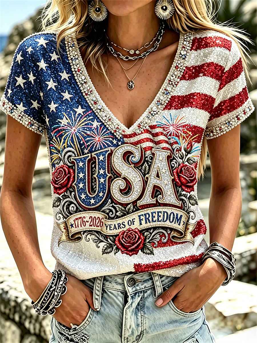 Women's USA 1776-2026 Freedom American Flag Glitter Floral Print short-sleeved T-shirt