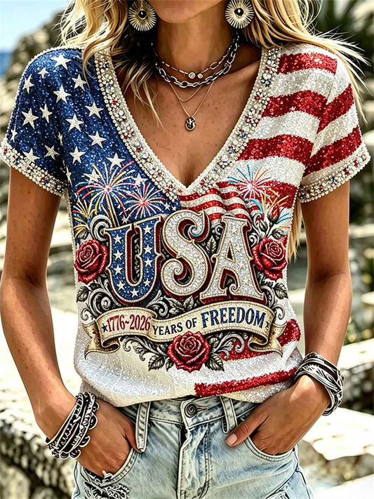 Women's USA 1776-2026 Freedom American Flag Glitter Floral Print short-sleeved T-shirt