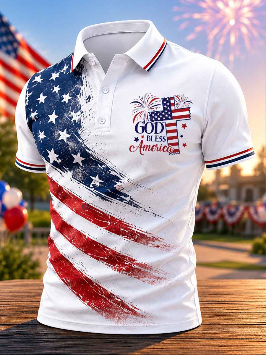 Men's Independence Day God Bless America USA Flag Print Casual Patriotic Polo