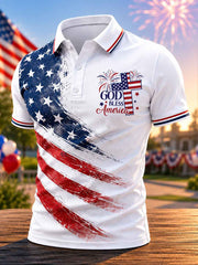 Men's Independence Day God Bless America USA Flag Print Casual Patriotic Polo