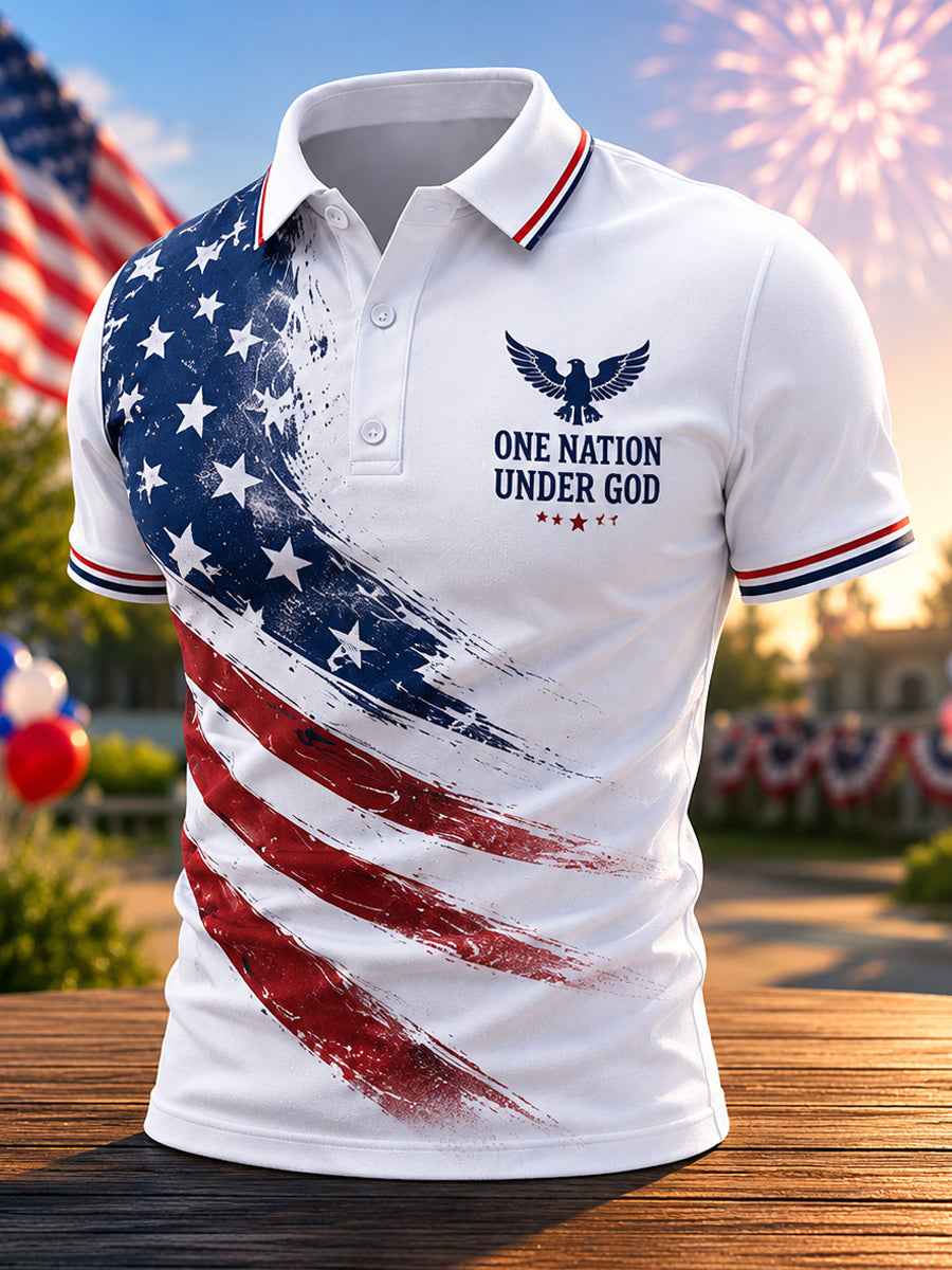 Men's Independence Day One Nation Under God USA Flag Print Casual Patriotic Polo