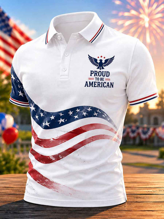 Men's Independence Day Proud To Be American USA Flag Print Casual Patriotic Polo
