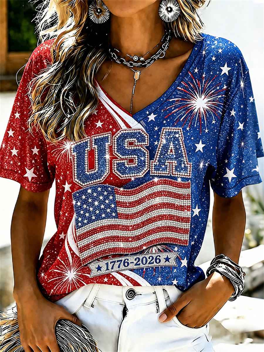 Women's USA 1776-2026 Fireworks American Flag Contrast Print short-sleeved T-shirt