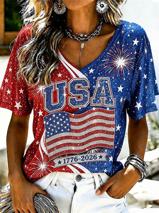 Women's USA 1776-2026 Fireworks American Flag Contrast Print short-sleeved T-shirt