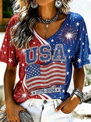Women's USA 1776-2026 Fireworks American Flag Contrast Print short-sleeved T-shirt