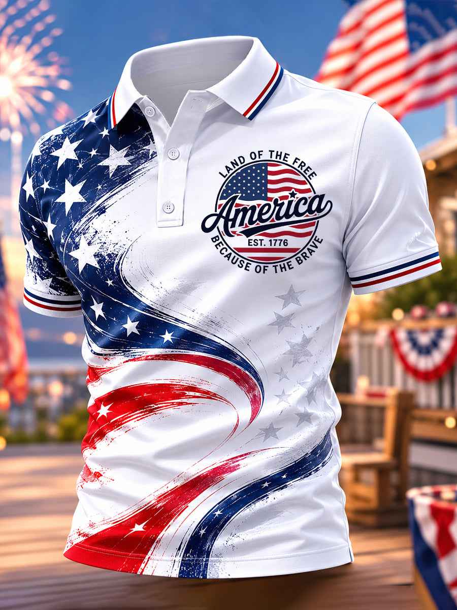 Men's Independence Day Land Of The Free USA Flag Print Casual Patriotic Polo