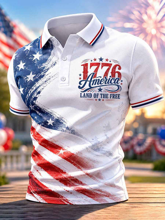 Men's Independence Day Land Of The Free USA Flag Print Casual Patriotic Polo