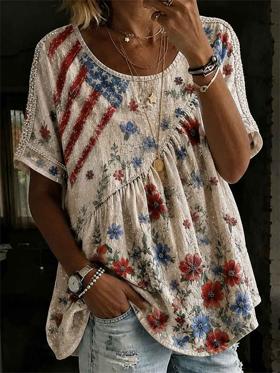 Women's Vintage American Flag Floral Art Print Pleated Cotton-Linen Shirt