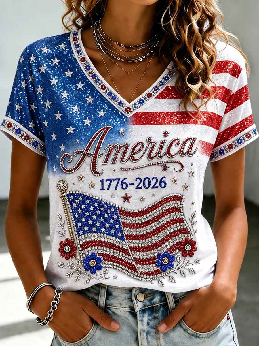 Women's Independence Day USA Flag Art  Short Sleeve T-shirt