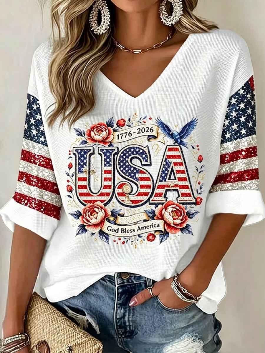 Women's Independence Day USA Flag Waffle Top