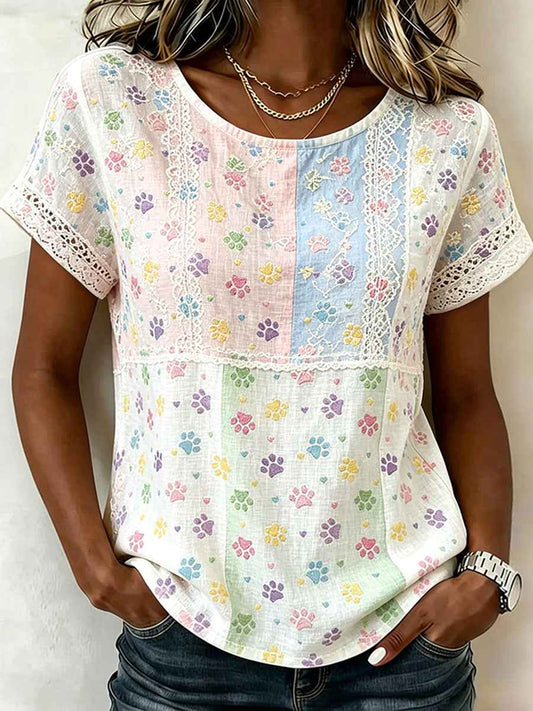 Women's Cute Cat Paws Colorblock Patchwork Print Linen Short-sleeved T-shirt