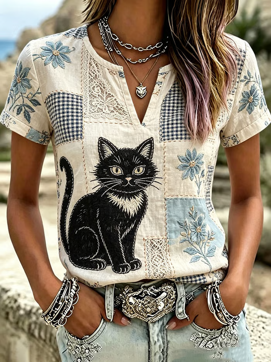 Women's Cute Cat Print Cotton-Linen Shirt gracestitchs