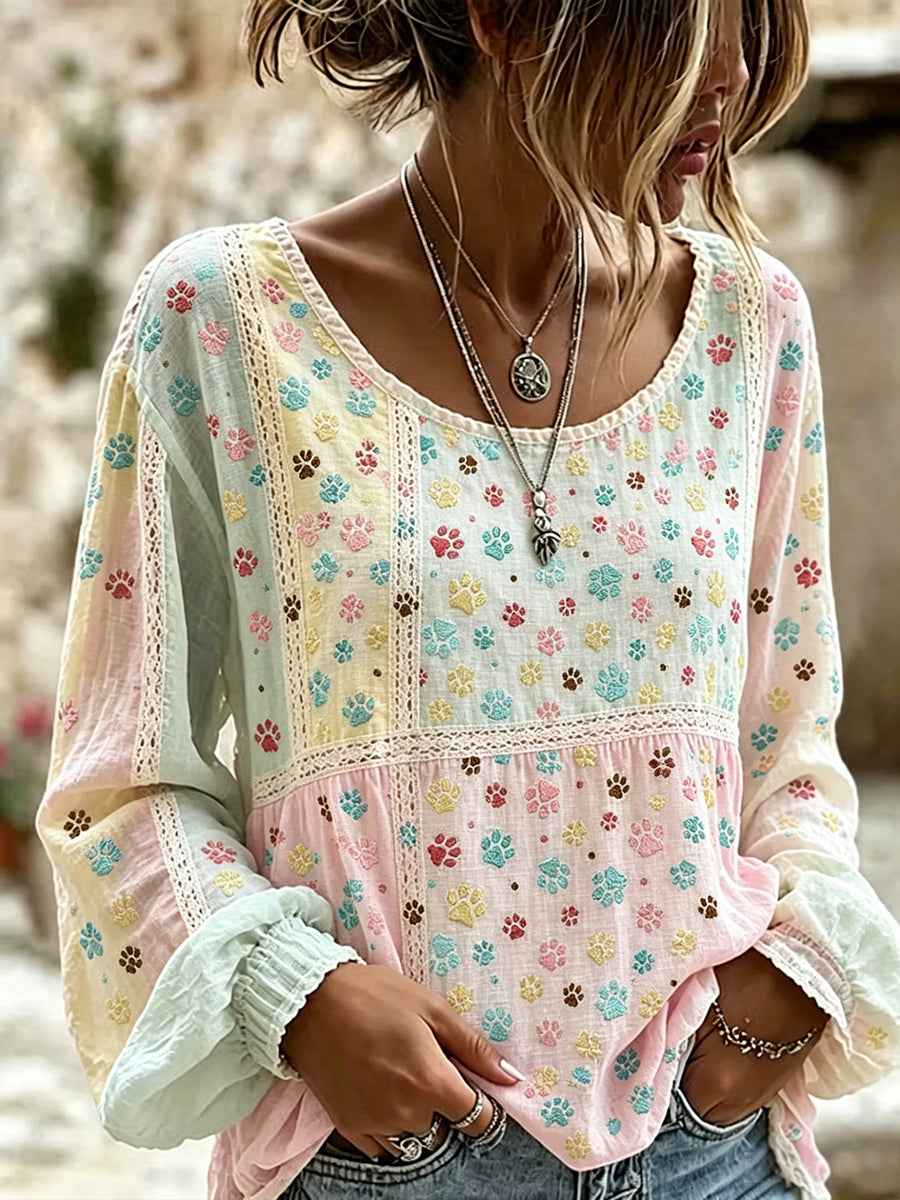 Women's Cute Cat Paws Colorblock Patchwork Print Cotton-Linen Shirt