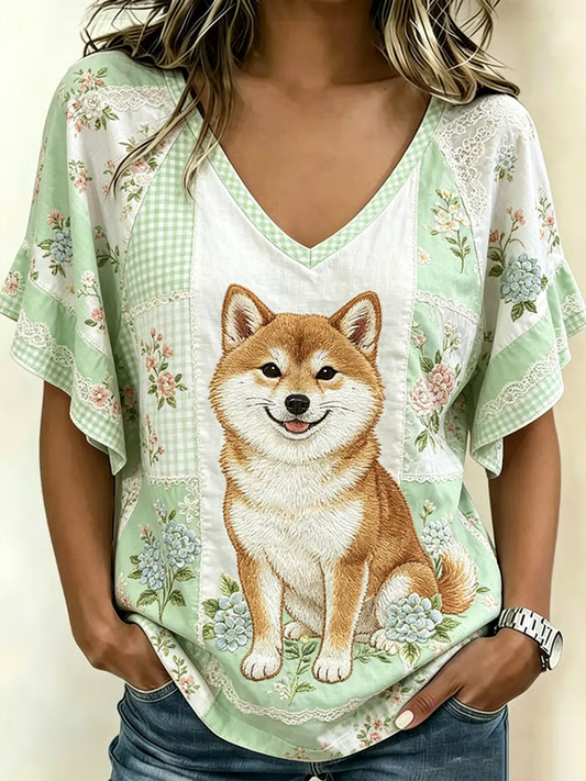 Women's Cute Dog Print Sleeve T-Shirt gracestitchs
