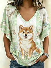 Women's Cute Dog Print Sleeve T-Shirt gracestitchs