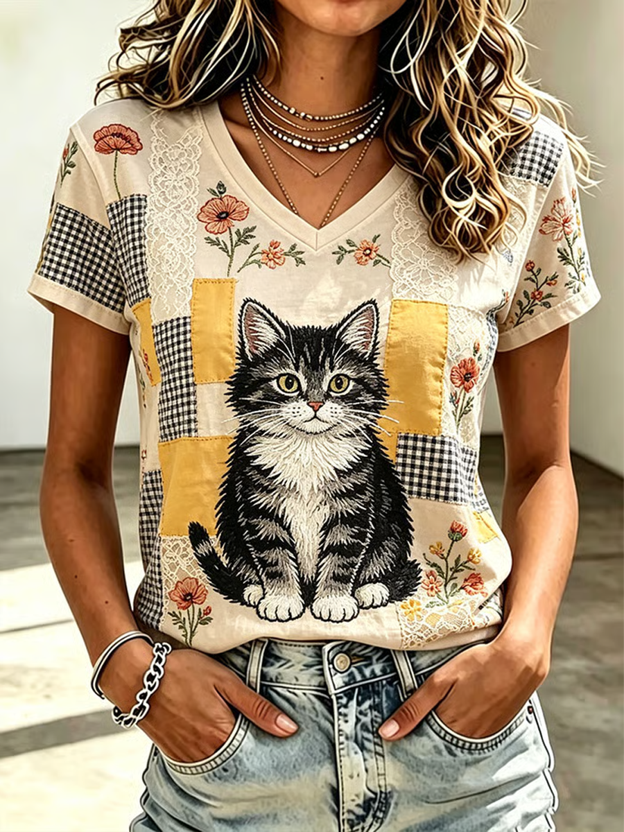 Women's Cute Cat Print short-sleeved T-shirt gracestitchs