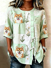 Women's Cute Dog Print Cotton-Linen Button-Front Top with Ties gracestitchs