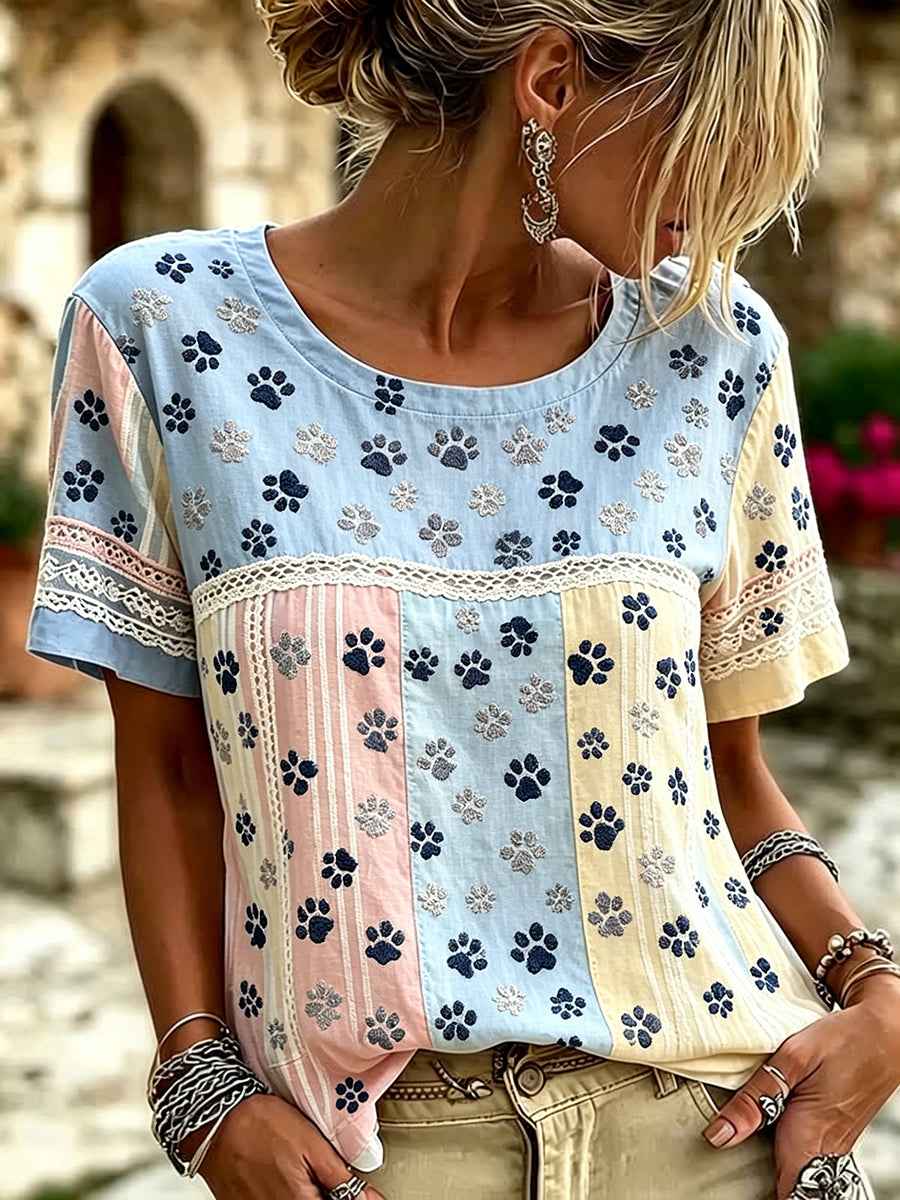 Women's Cute Cat Paws Colorblock Patchwork Print Linen Short-sleeved T-shirt