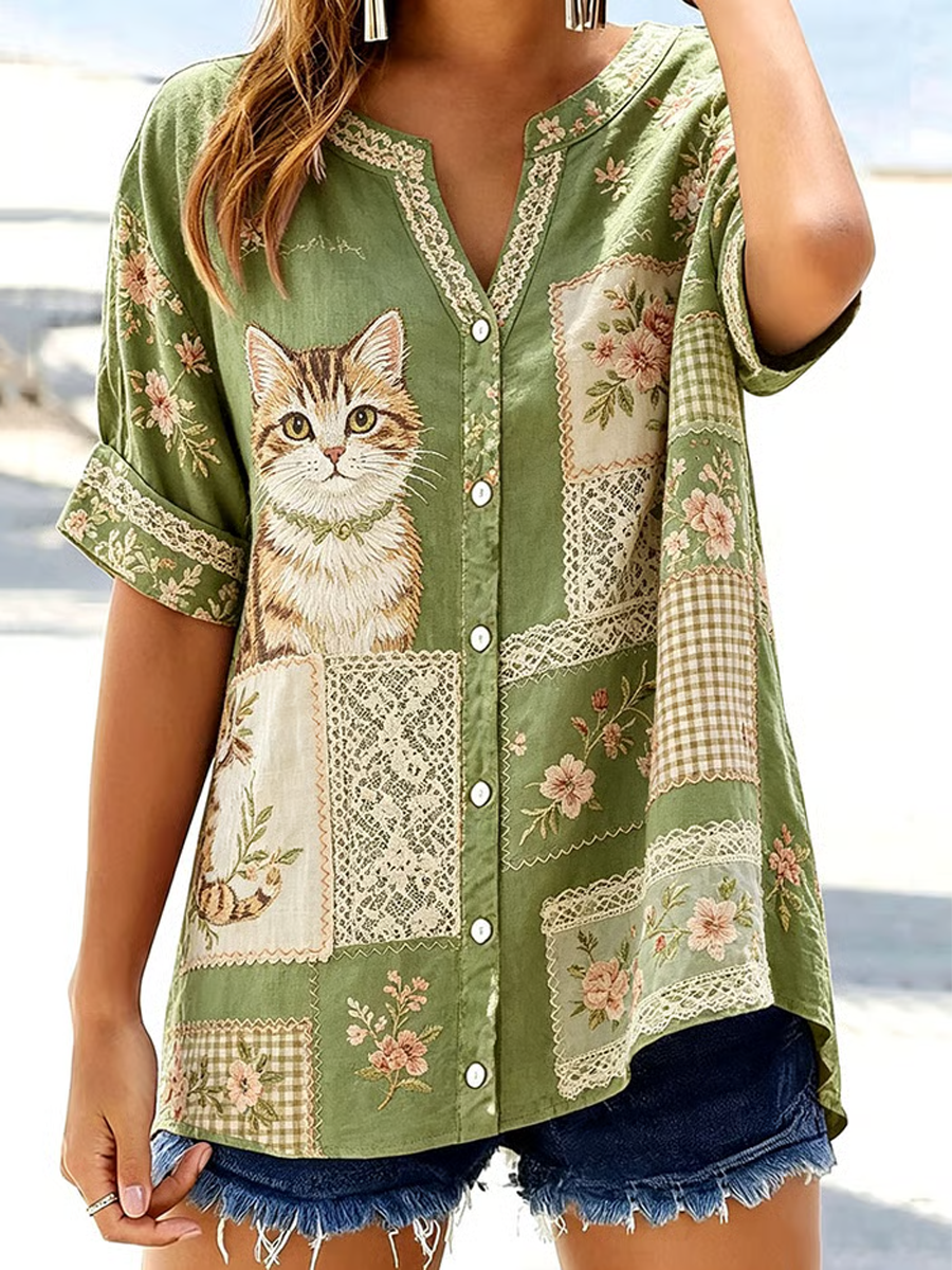 Women's Cute Cat Print Mid-length Sleeves Shirt gracestitchs