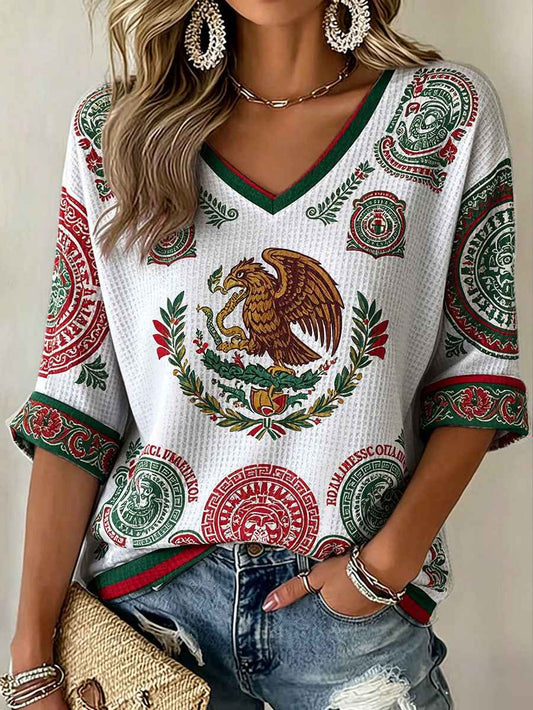 Women's Mexico Football Lover Art Printed Waffle T-shirt