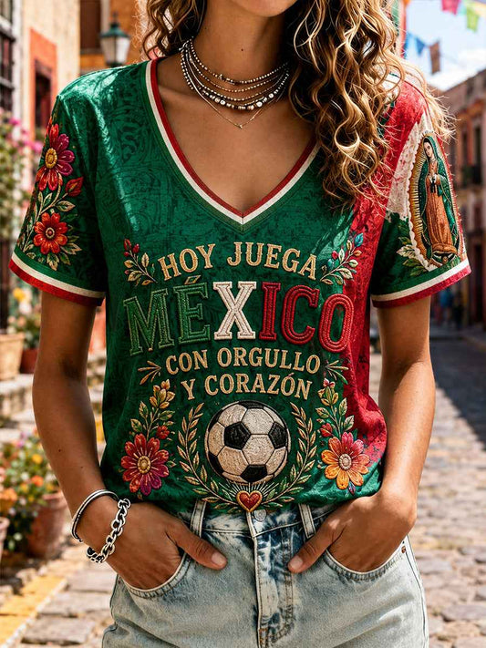Women's Mexico Football Lover Floral Art Printed T-shirt