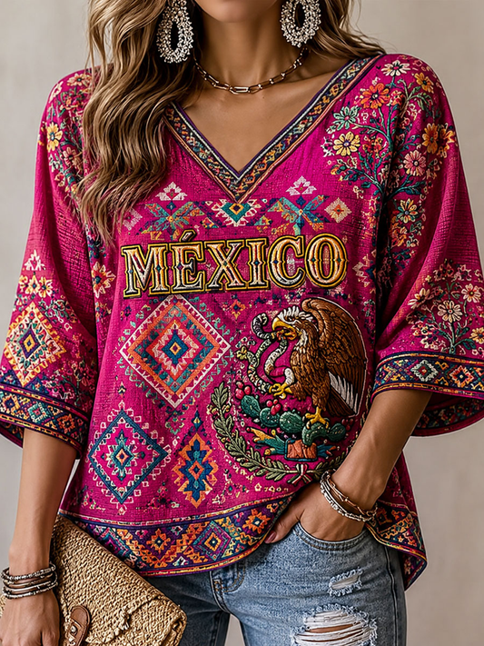 Women's Mexico Proud Art Printed Mid-length Sleeves V-Neck T-Shirt gracestitchs